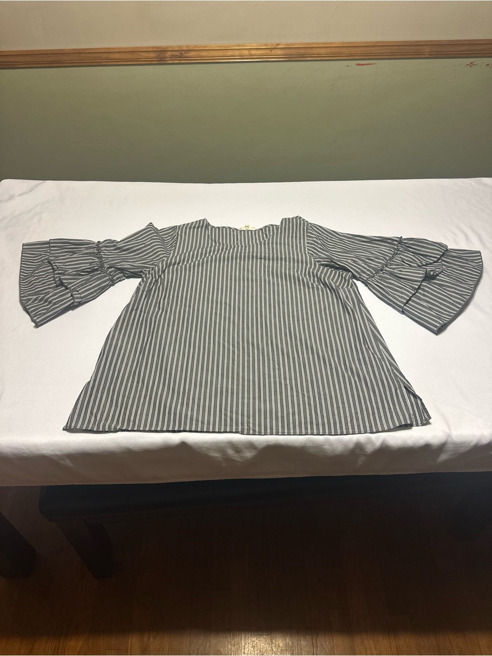 Jane and Delancey Grey and White Striped Blouse with tiered ruffle sleeves